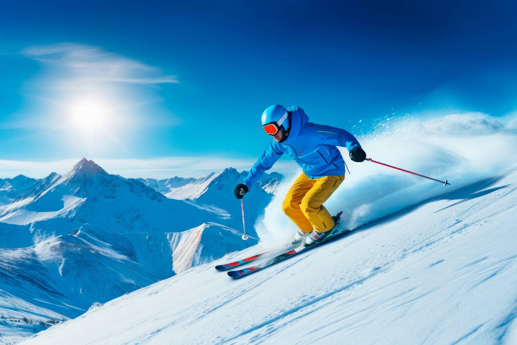 Skier Skiing Snow Mountain Sunny Day