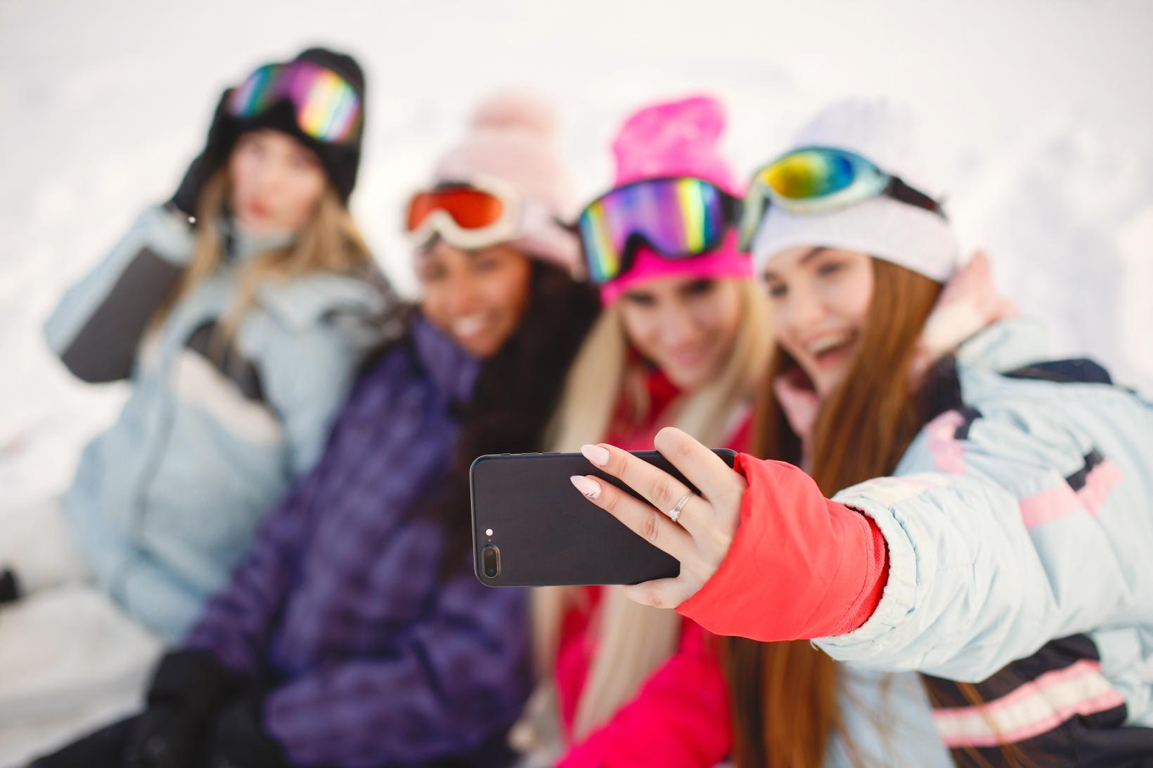 Ski Equipment Hands Girls Happy Time Holding Together Girls Learn Ski